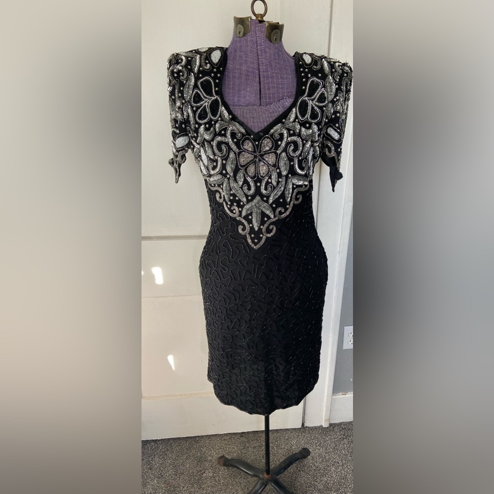 Dazzling Laurence Kazar Vintage Black Sequined  Dress Small w/cutout back